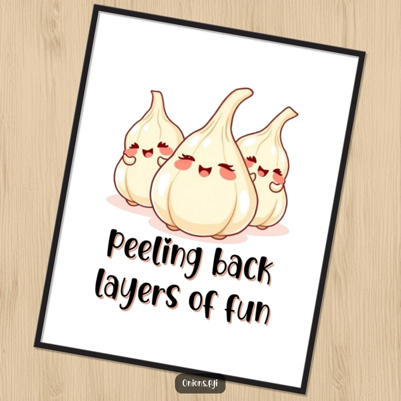 Funny Free Printable Wall Art: Giggling onions playing hide-and-seek behind garlic, a humorous downloadable piece of decor.