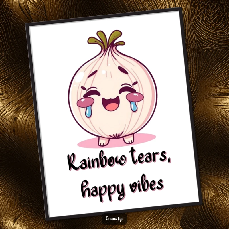 Funny Free Printable Wall Art: a smiling onion character joyfully crying vibrant rainbow tears, radiating happiness.
