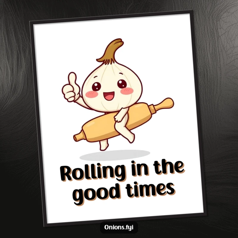Funny Free Printable Wall Art: Kawaii onion expertly rides a rolling pin, giving a confident thumbs up.