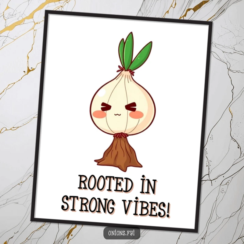 Funny Free Printable Wall Art of an onion character with a determined face attempting to balance on a single root.