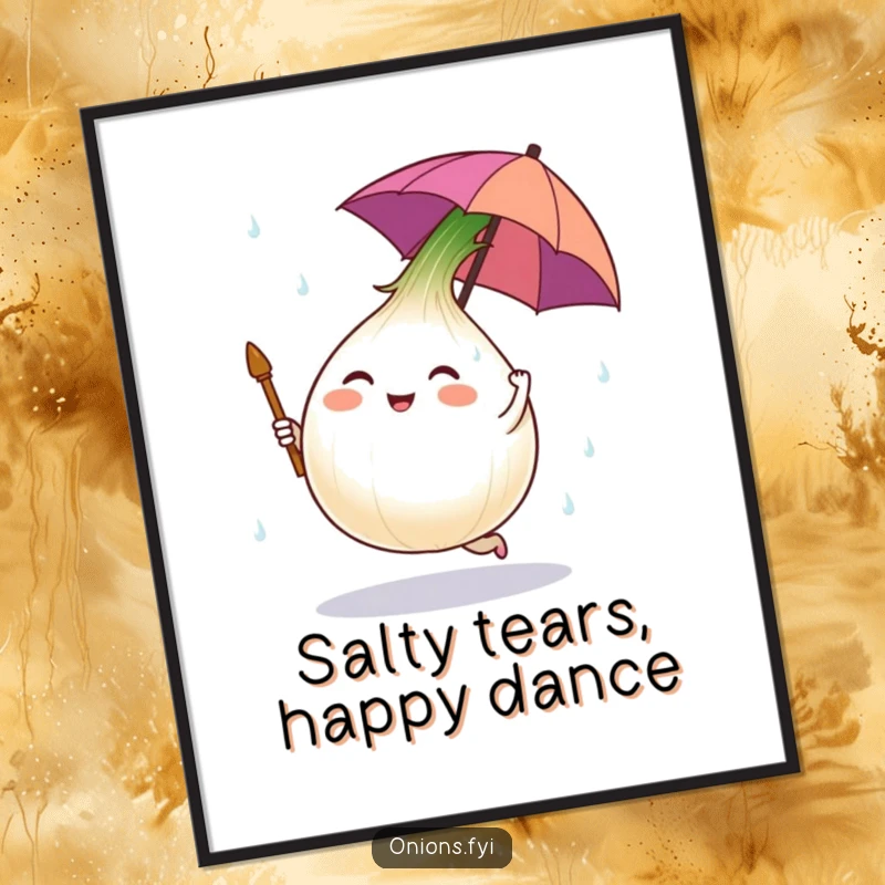 Funny Free Printable Wall Art: A lone onion character dancing with a tiny umbrella amidst a gentle rain of salt, humorous downloadable art.
