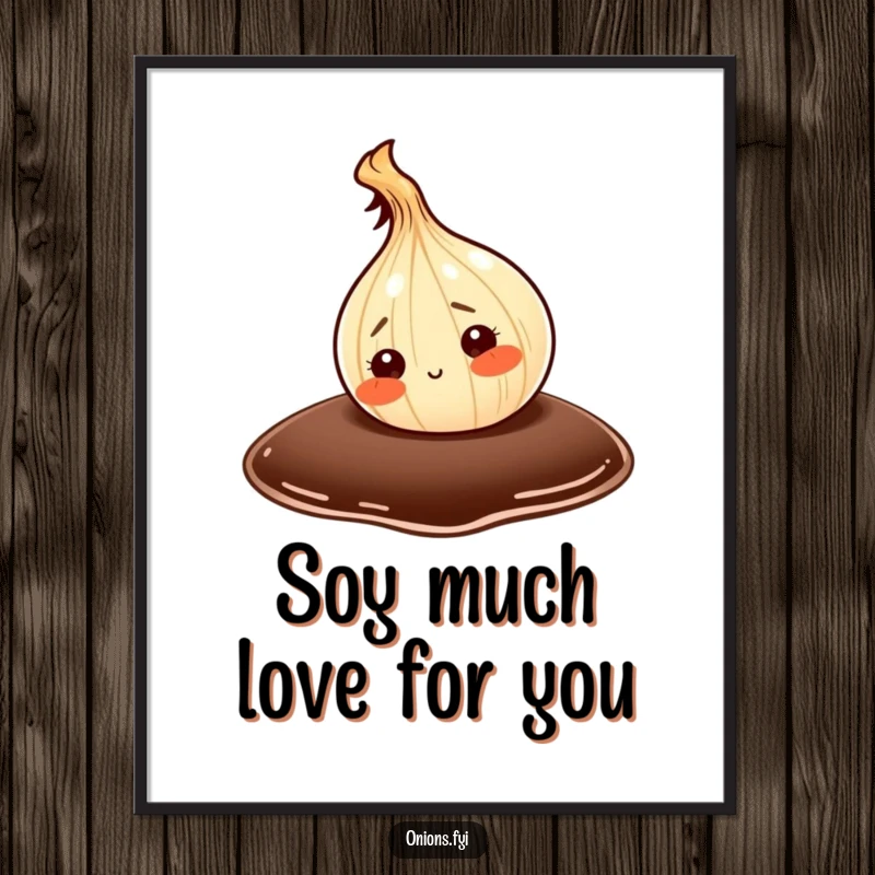 Funny Free Printable Wall Art: An onion character curiously explores a giant drop of soy sauce, a humorous downloadable art piece.