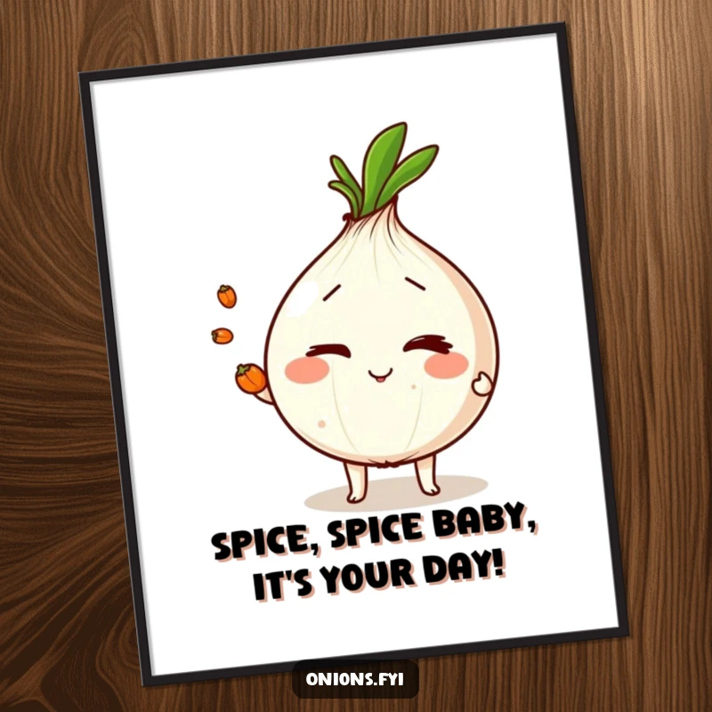 Funny Free Printable wall art: winking onion juggling peppercorns with impressive flair, adding fun to any room.