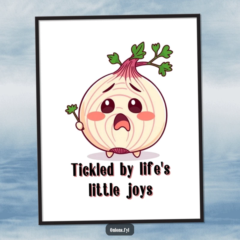 Funny Free Printable Wall Art: Onion character comically surprised, being tickled by a tiny parsley sprig, for humorous decor.