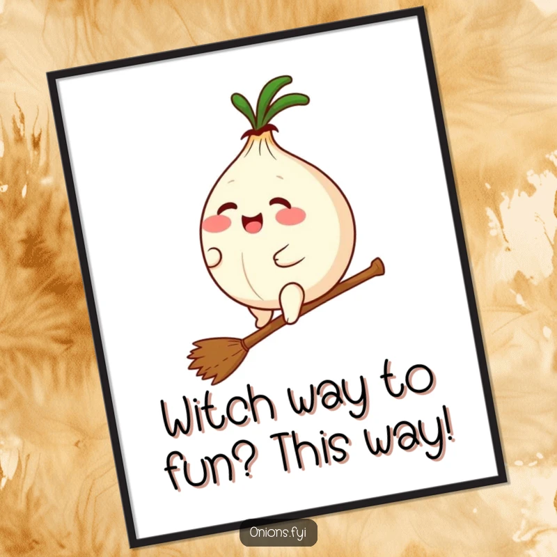Funny Free Printable Wall Art: A plump kawaii onion giggles while riding a tiny broomstick, looking mischievous. Downloadable decor.