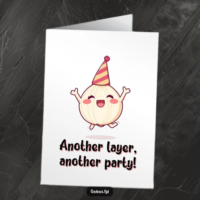 Funny Free Printable birthday card featuring a cheerful onion in a party hat, joyfully leaping high in celebration.