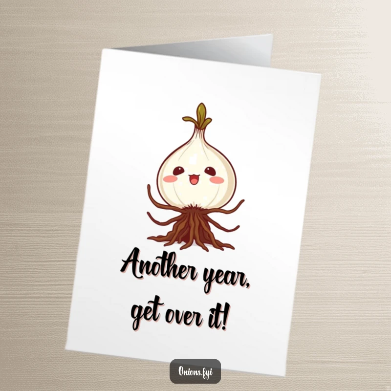 Funny Free Printable Birthday Card featuring a kawaii onion with roots attempting a comical heist with a mischievous grin.