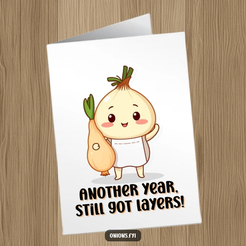 Funny Free Printable Birthday Card: Onion in apron proudly presents peeled root vegetable, a downloadable culinary delight.