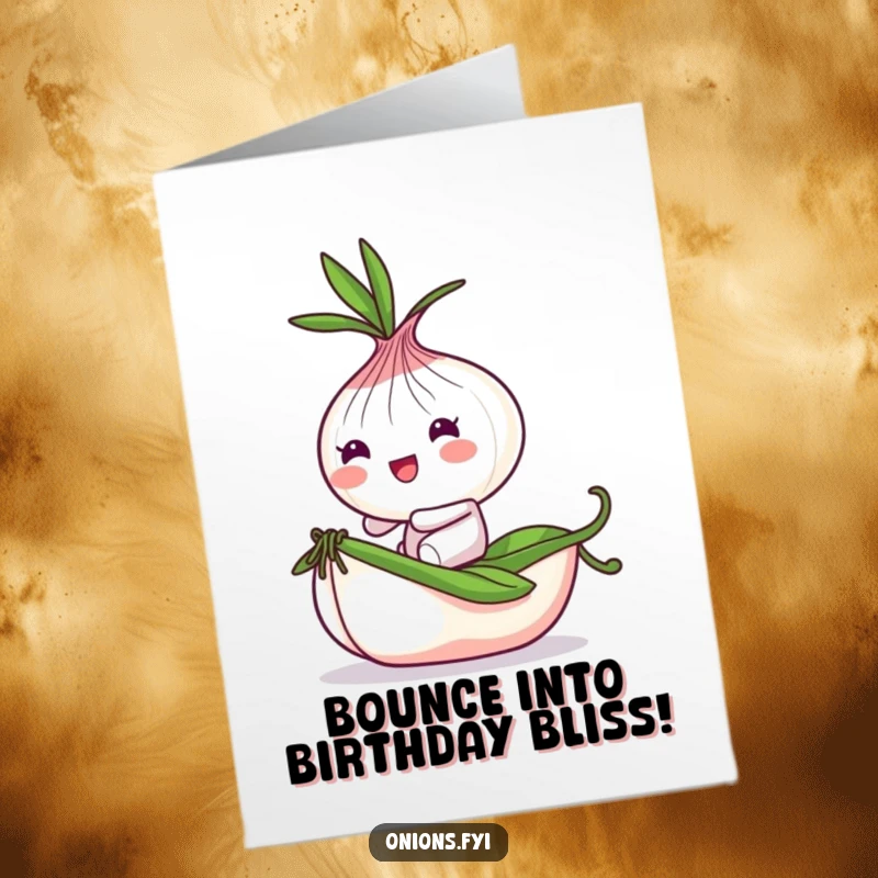 Funny free printable birthday card showing a playful onion character bouncing while riding a tiny, rolling pea, symbolizing fun journeys.