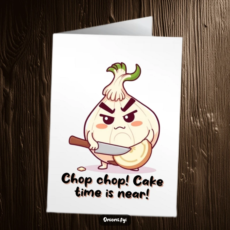 Funny Free Printable Birthday Card: Determined onion character with focus, chopping a massive garlic clove with zest.