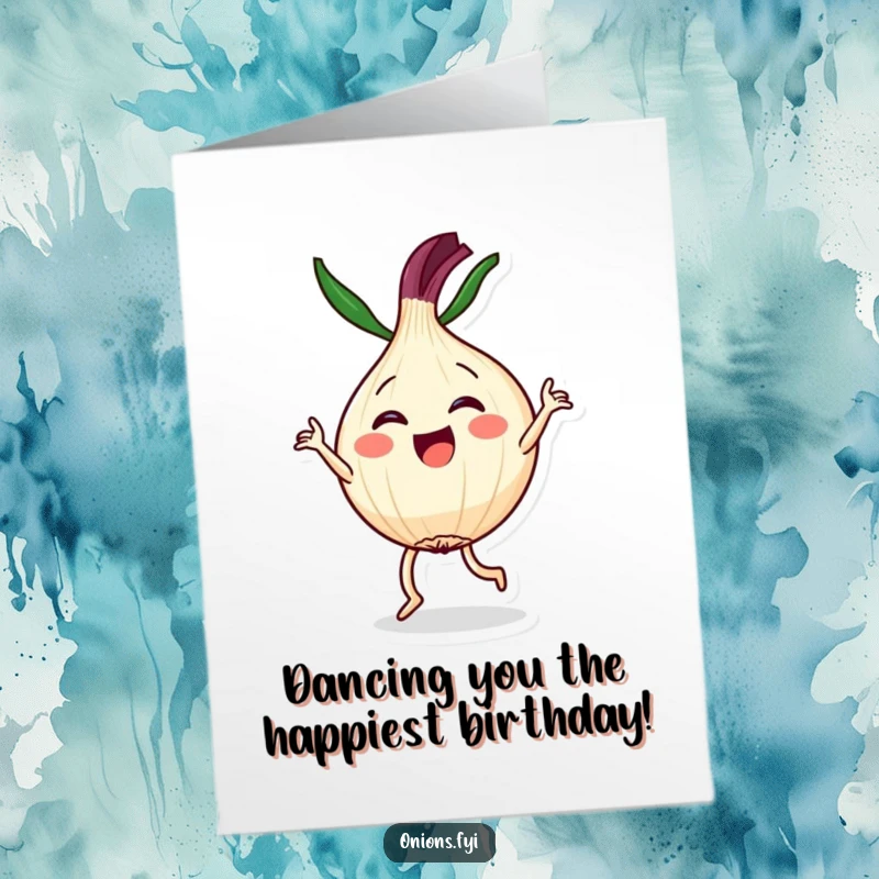 Funny Free Printable Birthday Card: Kawaii onion character joyfully performing a dramatic and energetic dance routine.