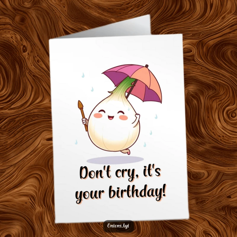Funny Free Printable Birthday Card: Onion character with umbrella dancing in salt rain, embracing the tears, a humorous downloadable greeting.