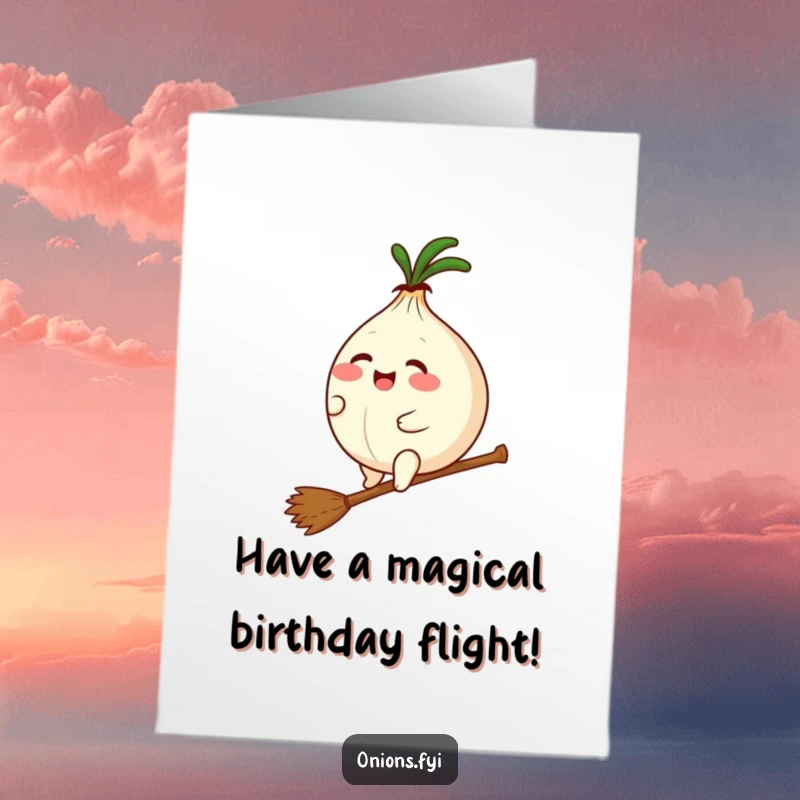 Funny Free Printable Birthday Card: Plump kawaii onion giggling while riding a tiny broomstick precariously. DIY humor.