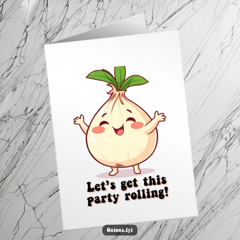 Funny Free Printable Birthday Card showing a happy onion character energetically dancing with its green tops swaying joyfully.