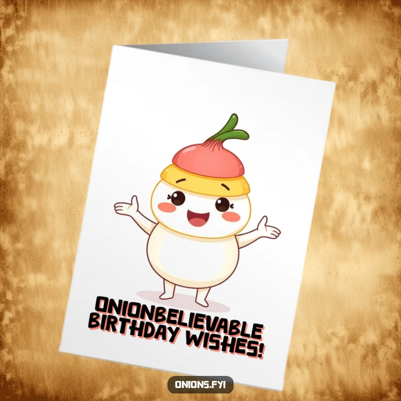 Funny Free Printable Birthday Card: Joyful onion character expertly juggling colorful onion layers, spreading cheer.