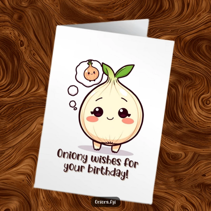 Funny Free Printable Birthday Card: Onion character thinking of a smaller winking onion, perfect for a humorous DIY gift.