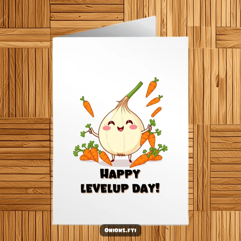 Funny Free Printable Birthday Card featuring a gleeful kawaii onion character expertly juggling a pile of tiny, vibrant carrots.