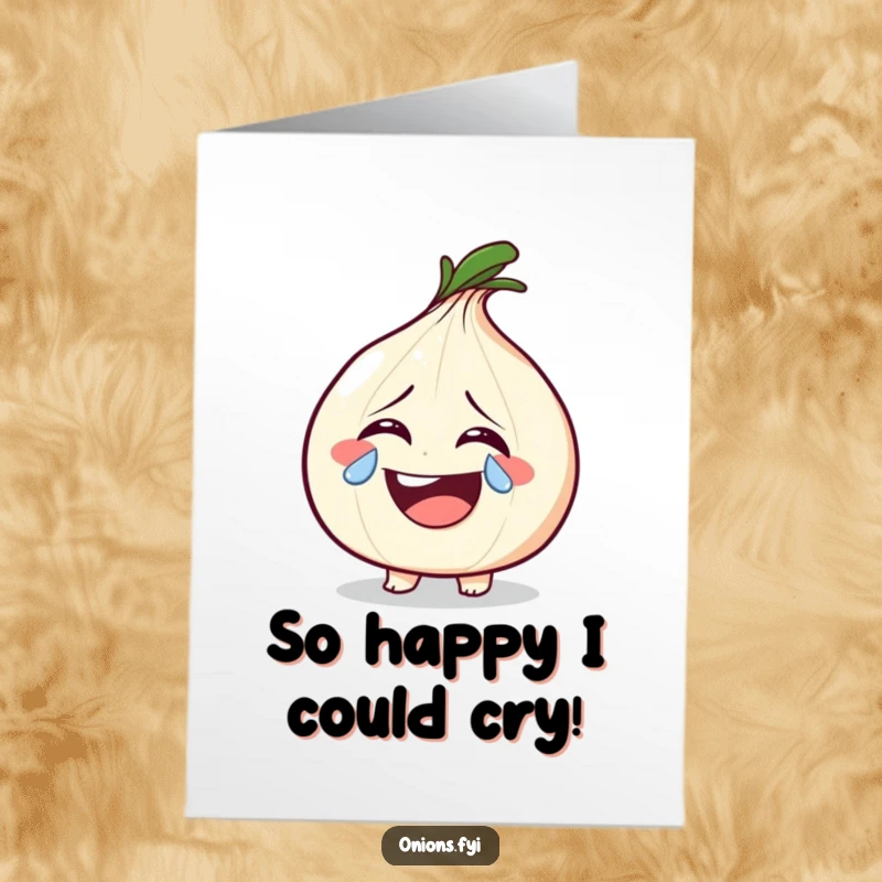 Funny Free Printable Birthday Card: An onion character laughs heartily, shedding a single, sparkling tear of pure amusement.