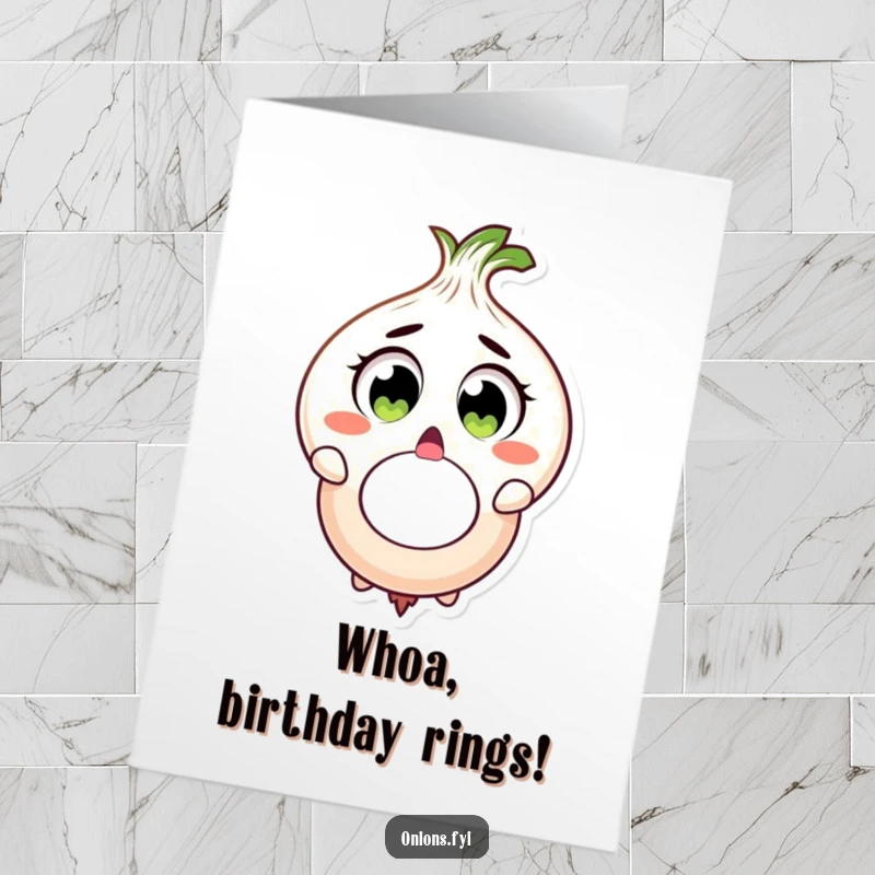 Funny Free Printable birthday card showing a shocked onion with wide eyes, accidentally dropping a large onion ring.