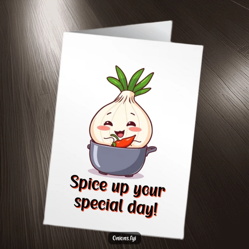 Funny Free Printable Birthday Card showing a grinning onion secretly dropping a chili pepper into a cooking pot.