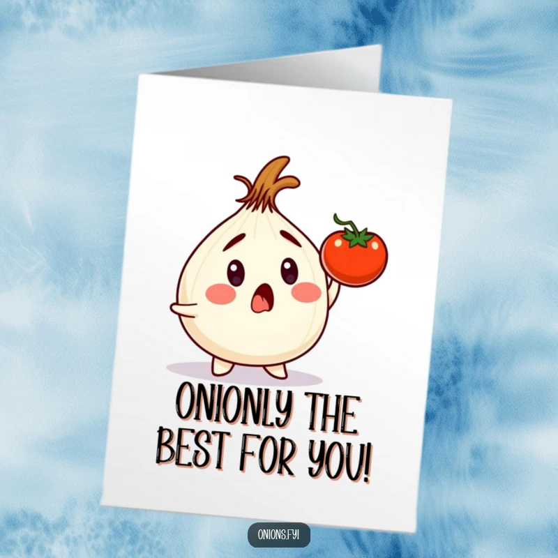 Funny Free Printable Birthday Card showing a wide-eyed onion gasping as a tomato plummets towards it.