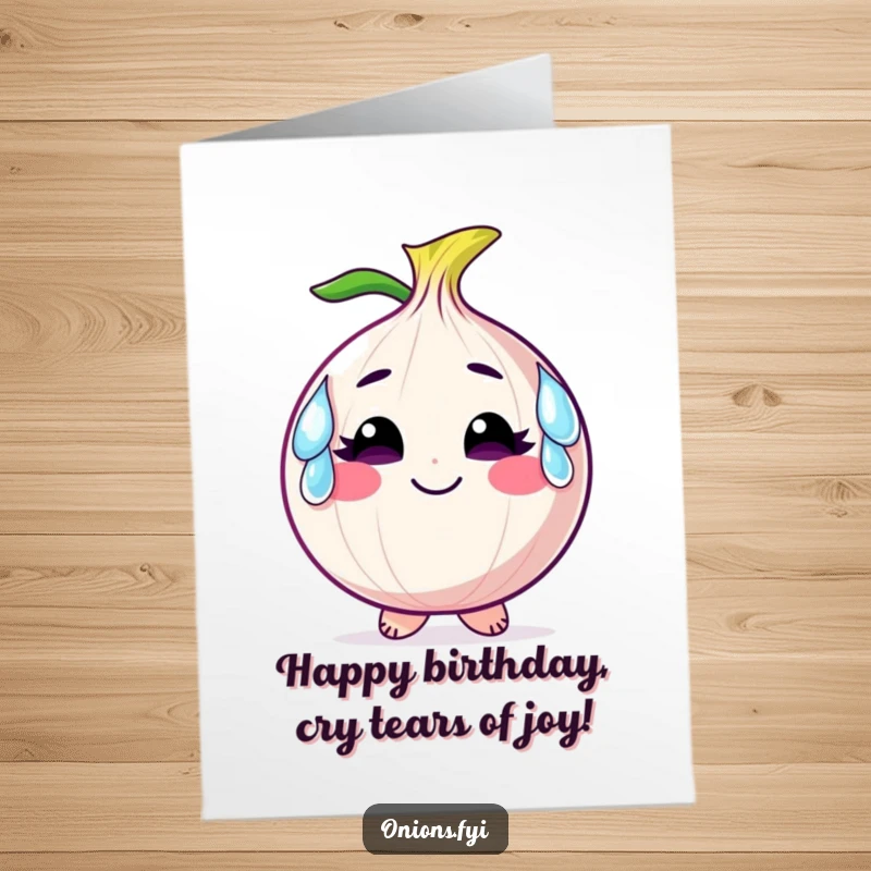 Funny Free Printable Birthday Card: Smiling onion character wears large comical tears as earrings, wishing happy birthday.
