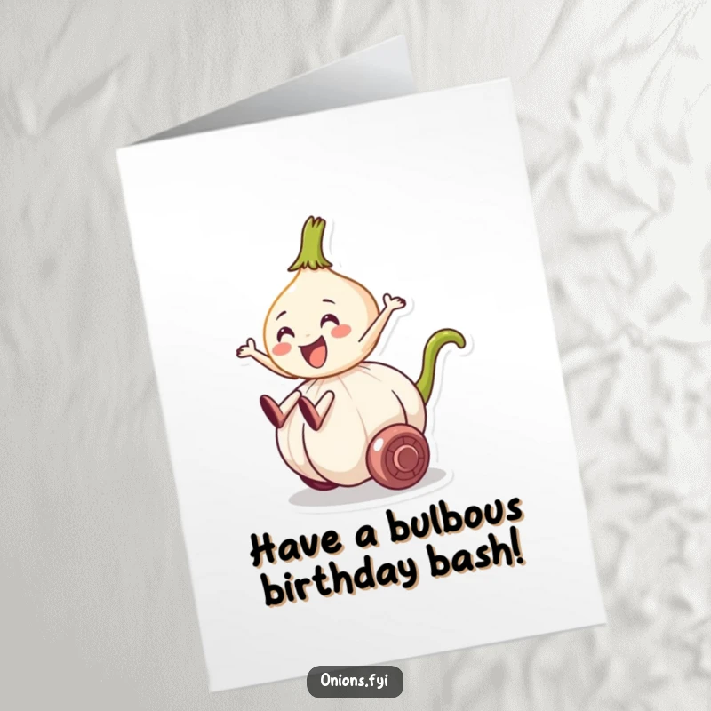Funny Free Printable Birthday Card: Onion character happily riding a rolling garlic clove, a whimsical vegetable adventure, humorous downloadable card.