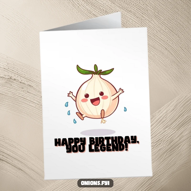 Funny Free Printable birthday card: happy onion doing a cartwheel, with a swirl of tears trailing behind.