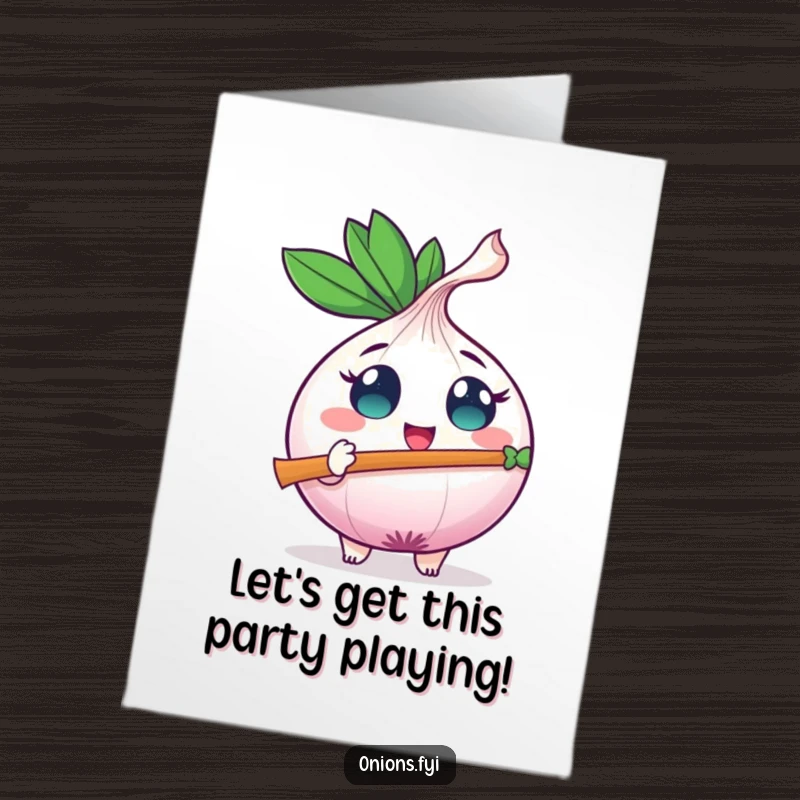 Funny free printable birthday card with a happy onion playing a tiny leaf-shaped flute with wide, excited eyes, spreading musical cheer.