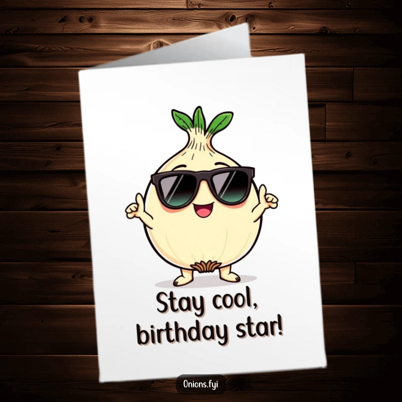 Funny free printable birthday card: Kawaii onion character wearing sunglasses, striking a very cool, confident pose.