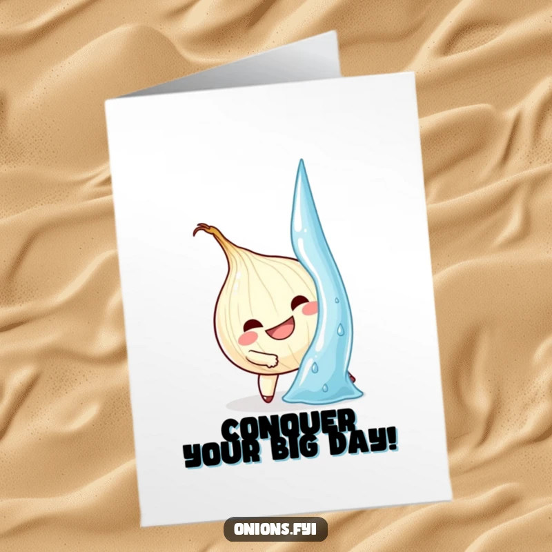 Funny free printable birthday card showing a determined onion grinning, climbing a giant water droplet, symbolizing overcoming challenges.