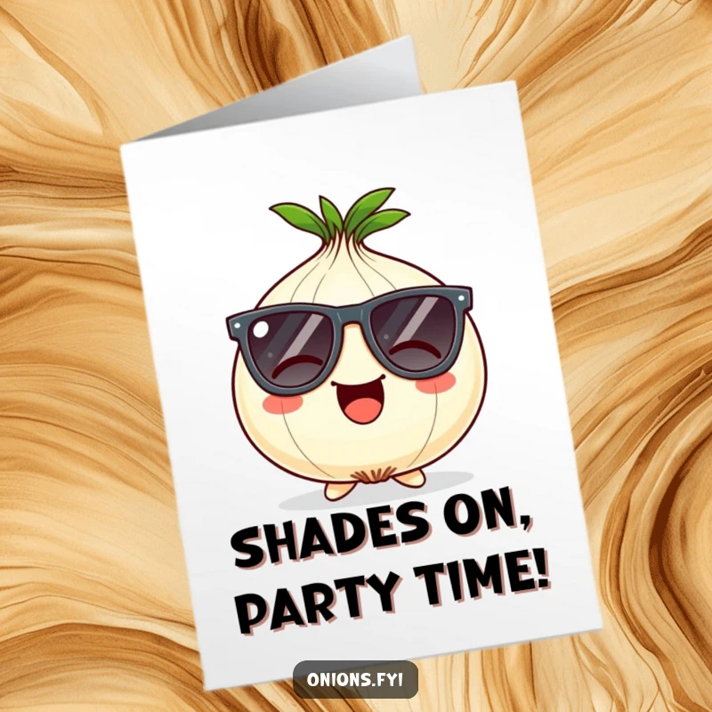 Funny free printable birthday card featuring a giggling onion character wearing oversized, comical sunglasses, radiating cool party vibes.