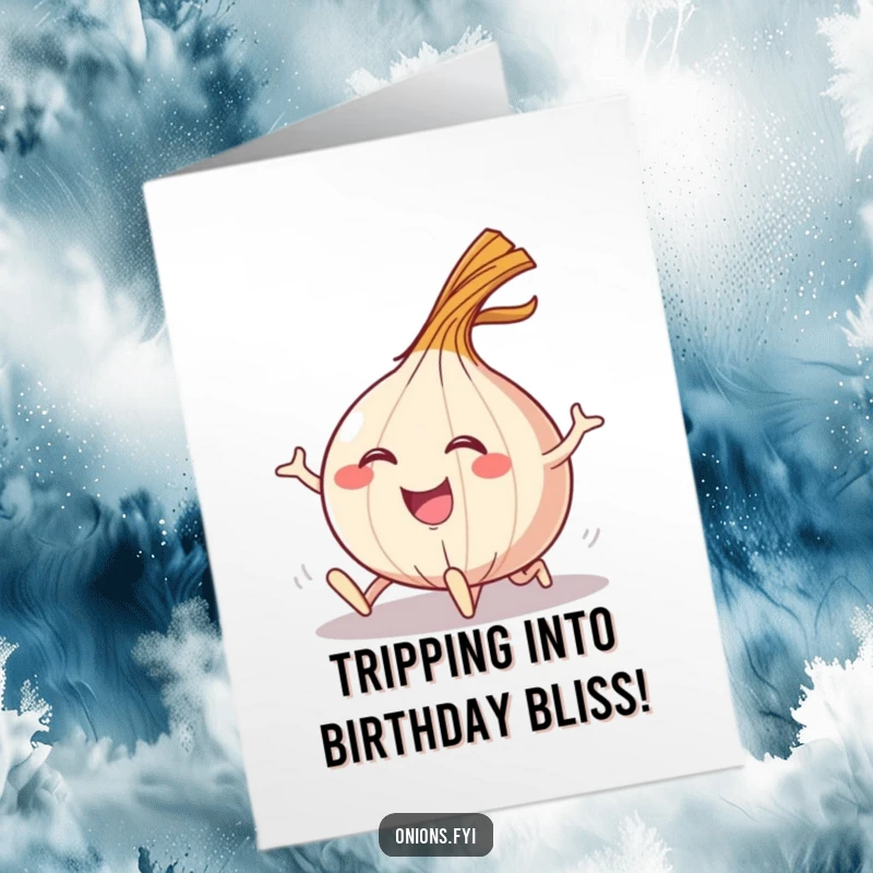 Funny Free Printable Birthday Card: A happy onion character hilariously tripping but landing with an impressive, comical flourish.