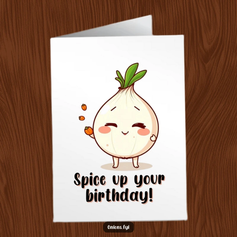 Funny Free Printable birthday card: winking onion skillfully juggling three tiny peppercorns with a playful attitude.