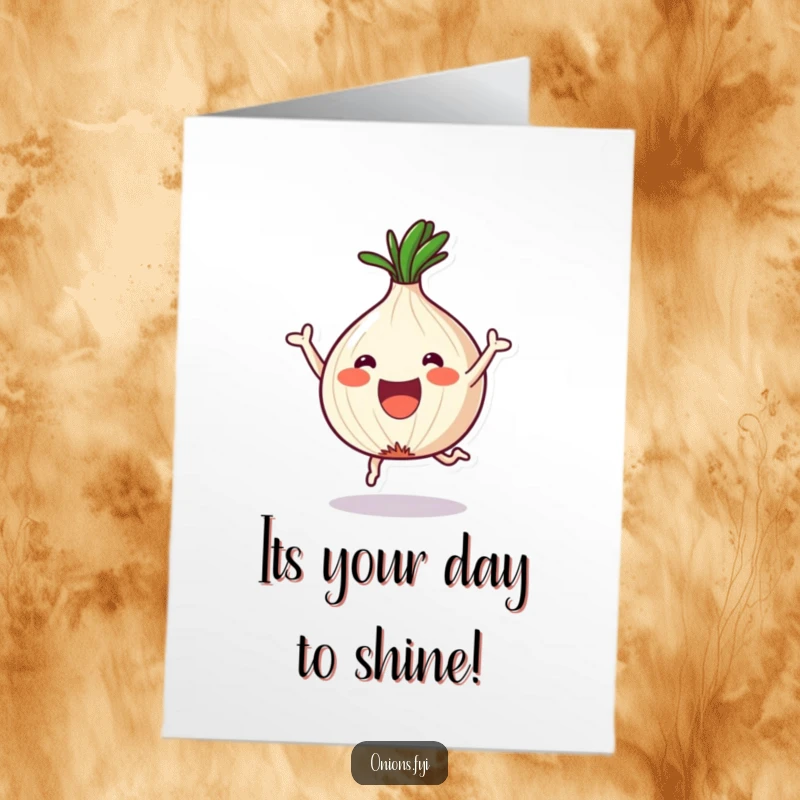 Funny Free Printable Birthday Card: A kawaii onion happily leaps after being chopped into a fun shape, full of birthday glee.