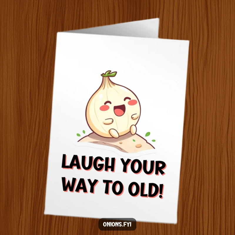 Funny Free Printable Birthday Card: Kawaii onion laughs uncontrollably while rolling down a small hill.