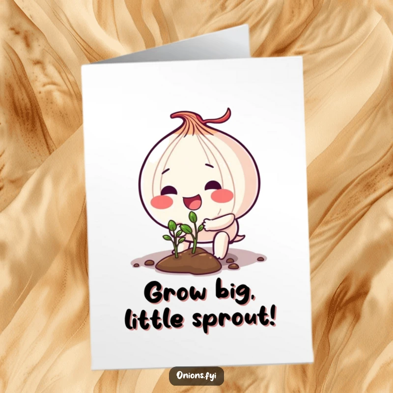 Free Printable Birthday Card: An onion character happily planting a small seedling, symbolizing growth and new beginnings.
