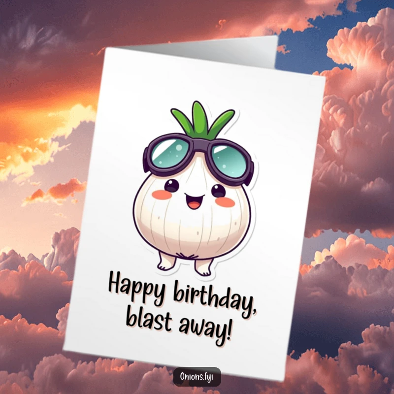 Funny Free Printable Birthday Card: an onion character wearing giant goggles with a look of surprised happiness.