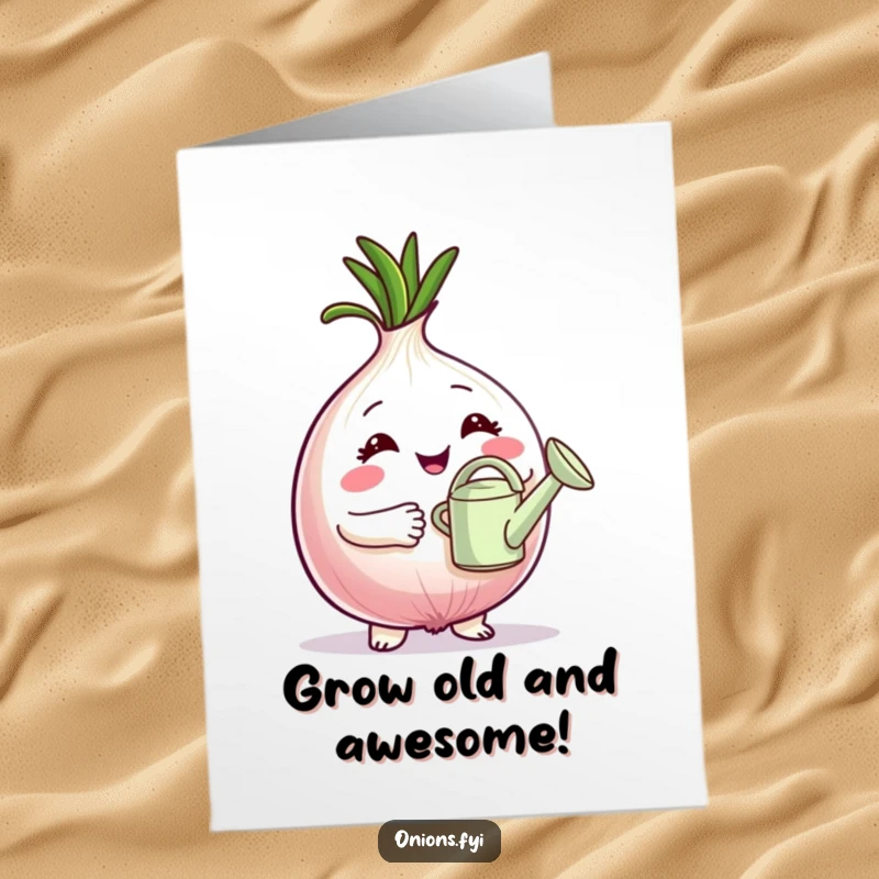 Funny free printable birthday card of a proud onion character holding a tiny watering can, celebrating growth.