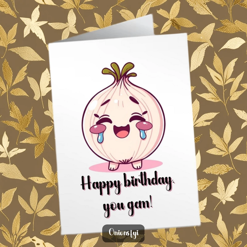 Funny Free Printable Birthday Card: a smiling onion character crying colorful rainbow tears, looking surprisingly joyful.