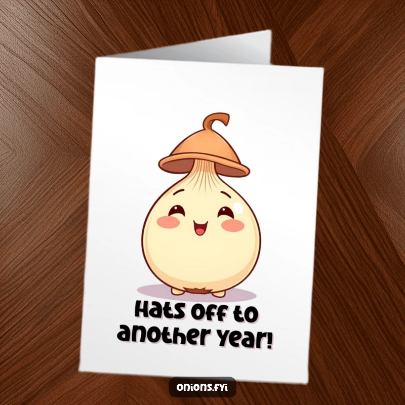 Funny Free Printable Birthday Card: A cheerful onion sporting a tiny, jaunty hat on its head.