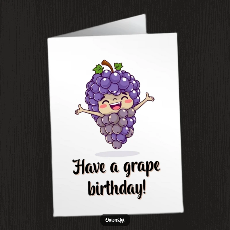 Funny Free Printable Birthday Card: A bunch of giggling grapes happily leaps over each other, spreading birthday cheer.