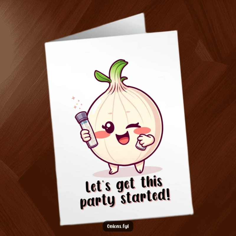 Funny free printable birthday card featuring a winking onion offering a tiny salt shaker, symbolizing a spicy and memorable celebration.