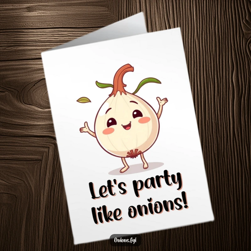 Funny Free Printable Birthday Card: a smiling onion character joyfully dancing with its leafy top flying energetically.