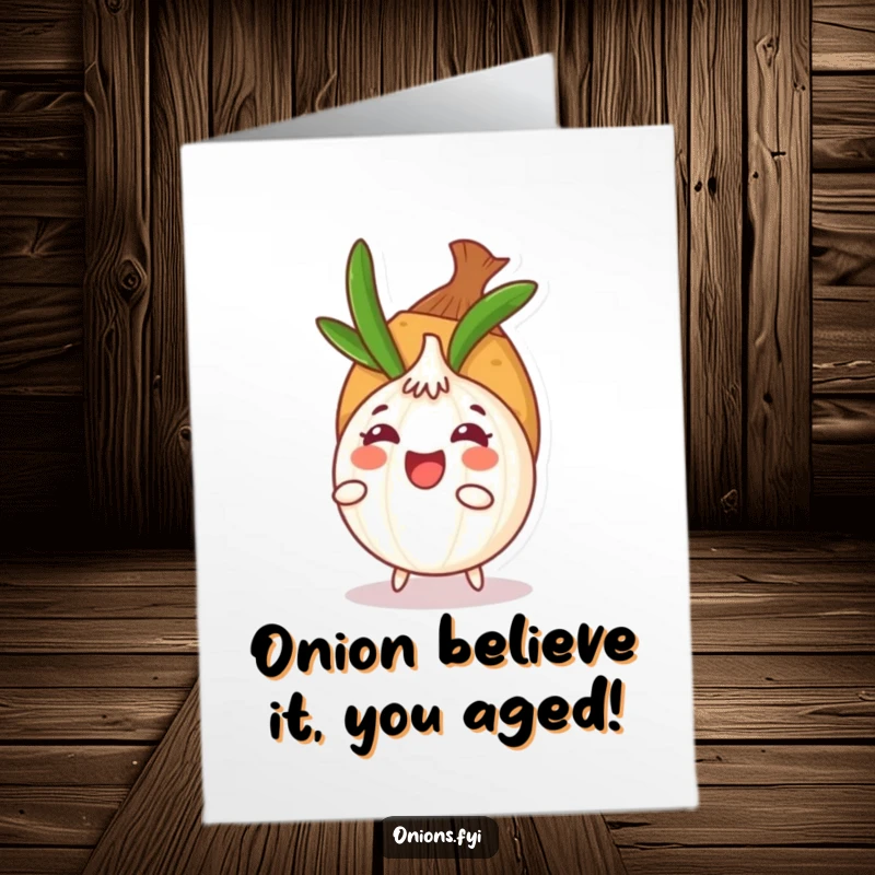 Funny Free Printable Birthday Card featuring a round onion character hiding playfully behind a potato, ready for a game.
