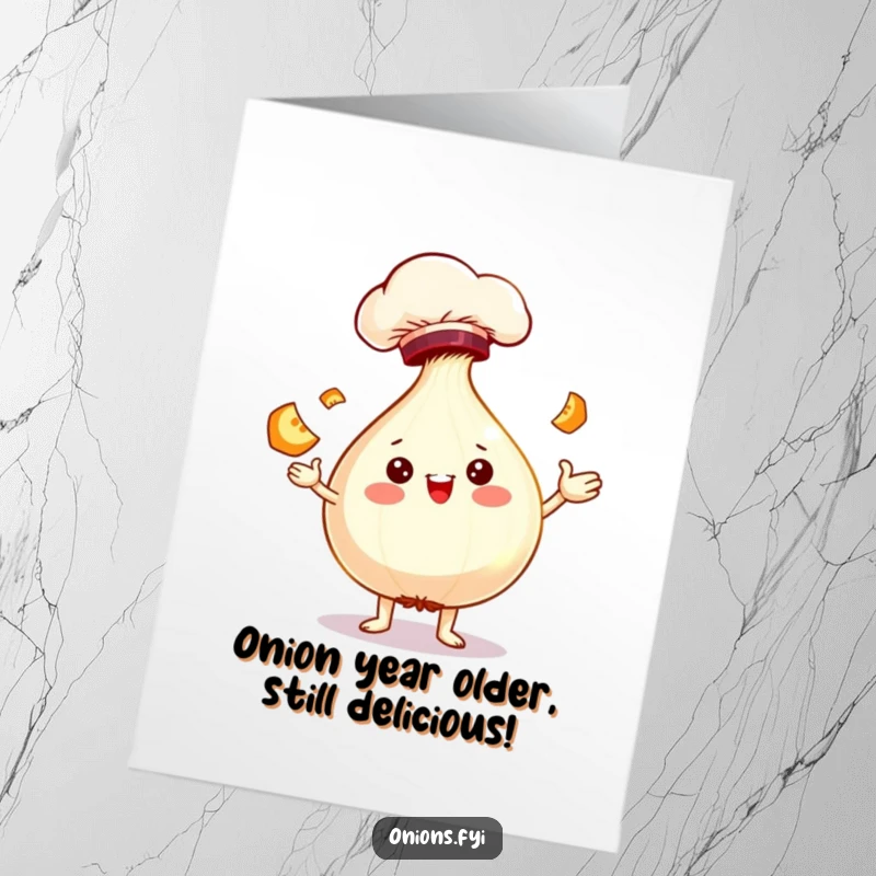 Funny Free Printable Birthday Card featuring a cheerful onion chef in a hat juggling tiny food slices with a smile.