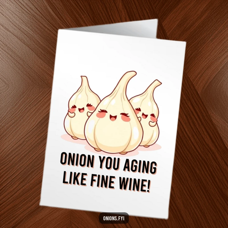 Funny Free Printable Birthday Card: Giggling onions playing hide-and-seek behind garlic cloves, a humorous downloadable greeting.