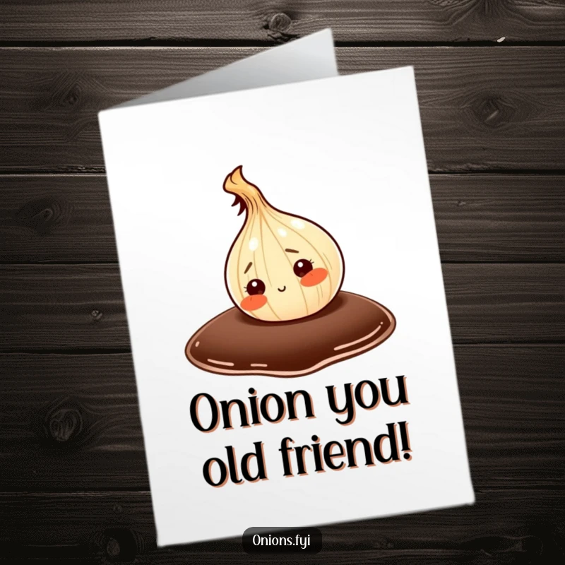 Funny Free Printable Birthday Card: A cute onion character curiously explores a giant drop of soy sauce, a hilarious downloadable gift.
