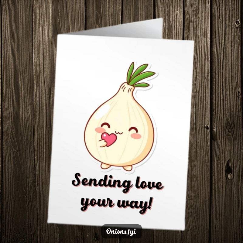 Funny Free Printable Birthday Card: Kawaii onion holds a tiny heart aloft, beaming with adoration.