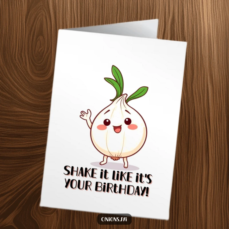 Funny Free Printable Birthday Card featuring a kawaii onion character doing a hilarious silly dance with its leafy top waving joyfully.